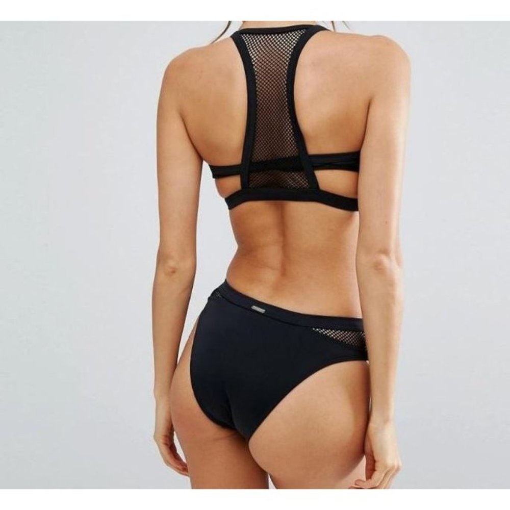 NWT Free Society Black Bikini Mesh Fishnet Racerback - 6 Top / 8 Bottom